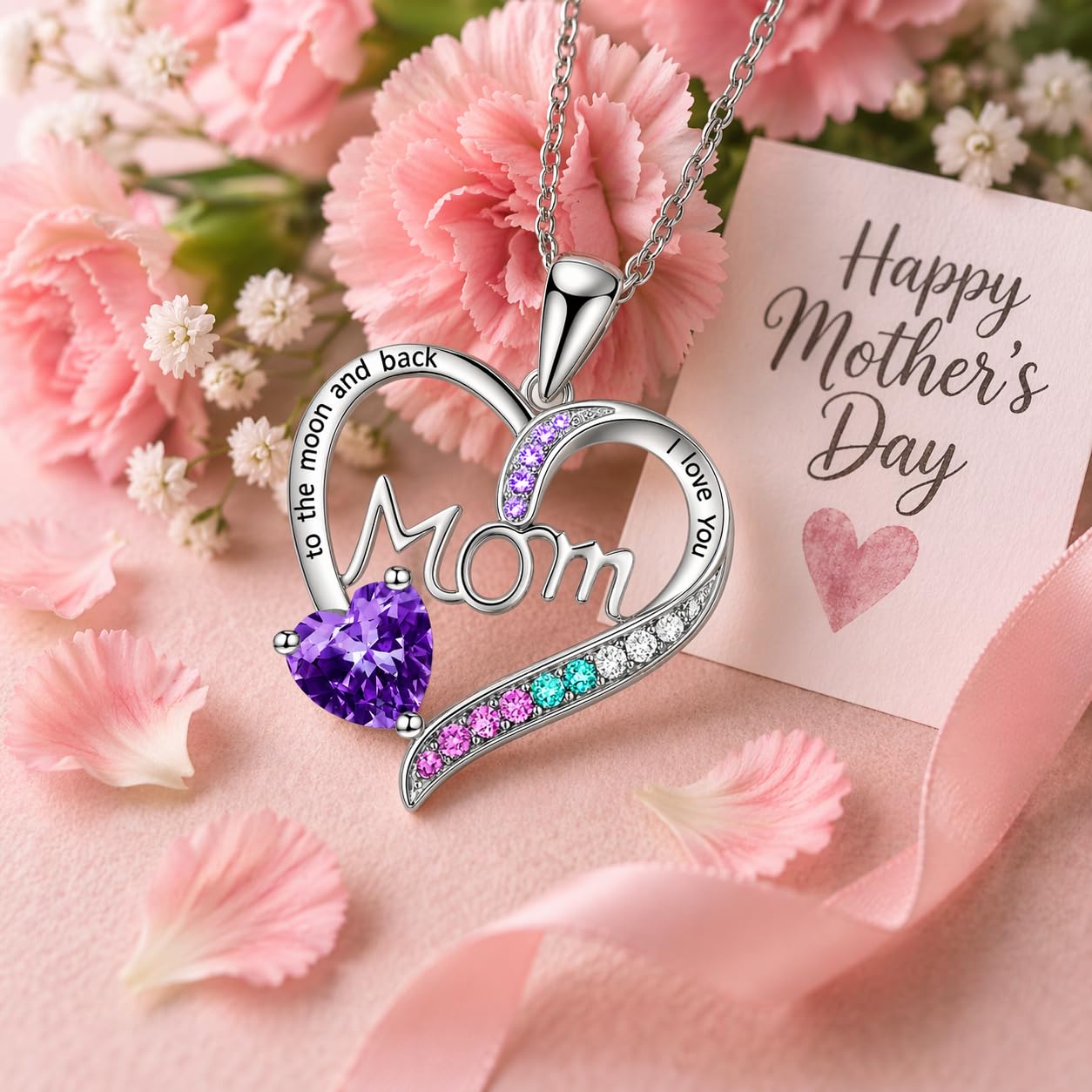 SUPAC Heart Mom Necklace, Sterling Silver Crystal Pendant with Pink Heart Stone, I Love You to the Moon and Back - Mother's Day Gift