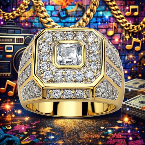 SUPAC Men's Party Ring with Rhinestone Gems: Sparkling Simulated Diamond Ring, Alloy-crafted, Gold-Plated for Exquisite Shine - the Ideal Hip-Hop Style Accessory for Social Events & Daily Wear