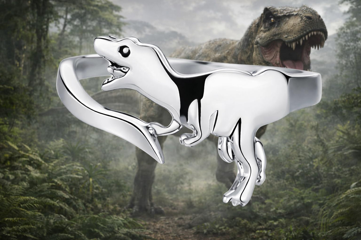SUPAC Dinosaur T-Rex Adjustable Ring, Stainless Steel Cute Cartoon Design - Gift for Dinosaur Lovers