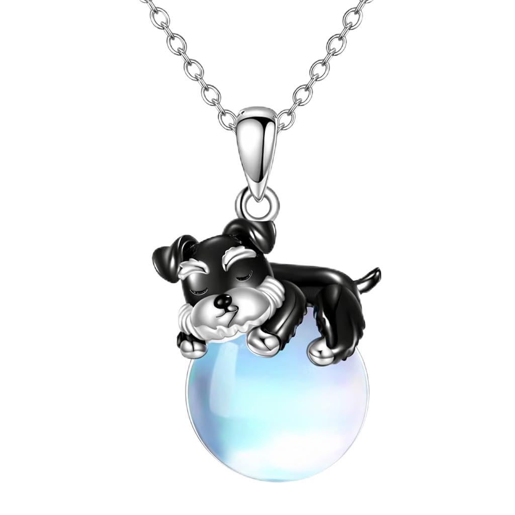 SUPAC Cute Schnauzer Dog Jewelry Set with Moonstone, Black and Blue Crystal Pendant Necklace and Dangle Earrings, 2.5 inch Length