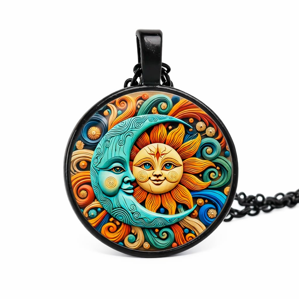 1pc Stunning Round Pendant Necklace - Unique Sun & Moon Pattern, Oil Painting Style Glass Mosaic, Alloy Construction, Trendy Sweater Chain, Fashionable Gift for Women - Christmas or Birthday Gift