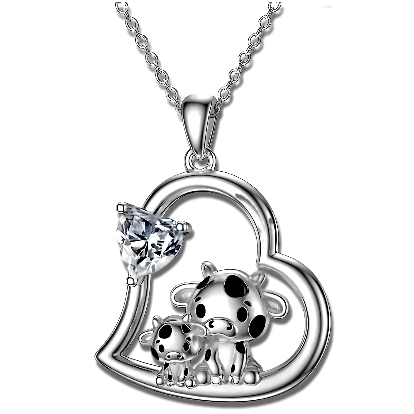 Blue Heart Shaped Mother and her Calf Cow Pendant Necklace for Women - Mother's Day Gift, Christmas, or Birthday Gift