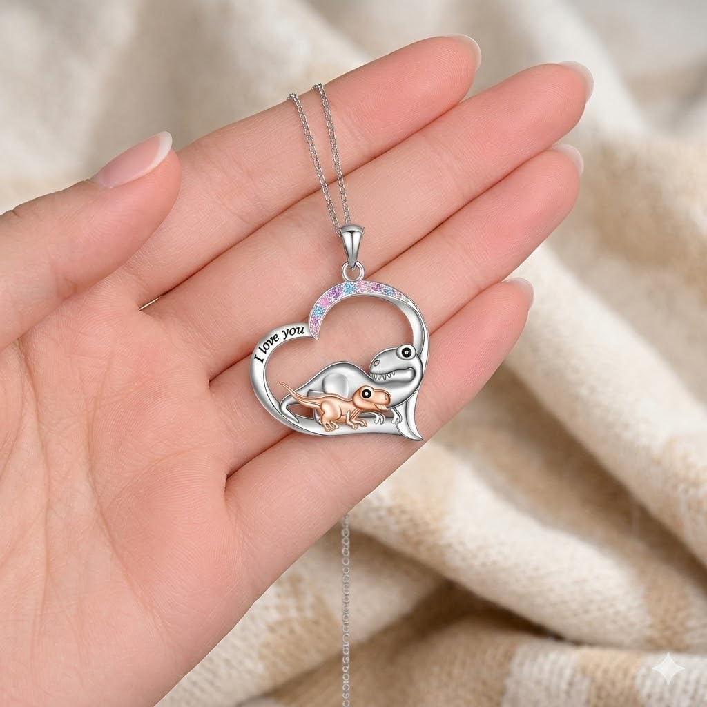 SUPAC Cute Cartoon Dinosaur Heart Pendant Necklace with Rhinestone Accents I Love You, Fashion Jewelry for Daily and Party Wear, Birthday and Christmas Gift