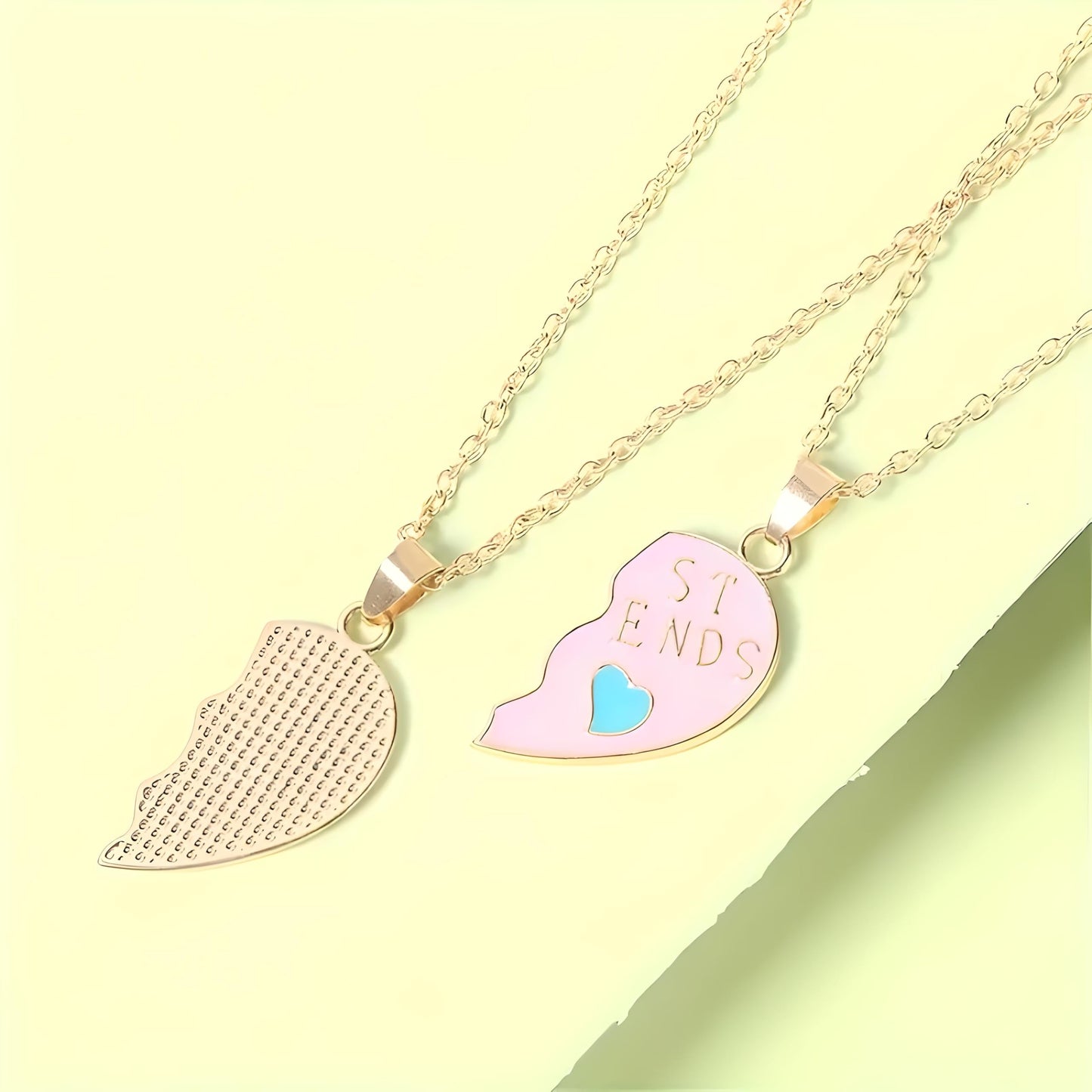 Best Friends Split Heart Pendant Necklaces, Pink and Blue Enamel, 2 Piece Set Gold or Silver Options - Gift for Best Friends