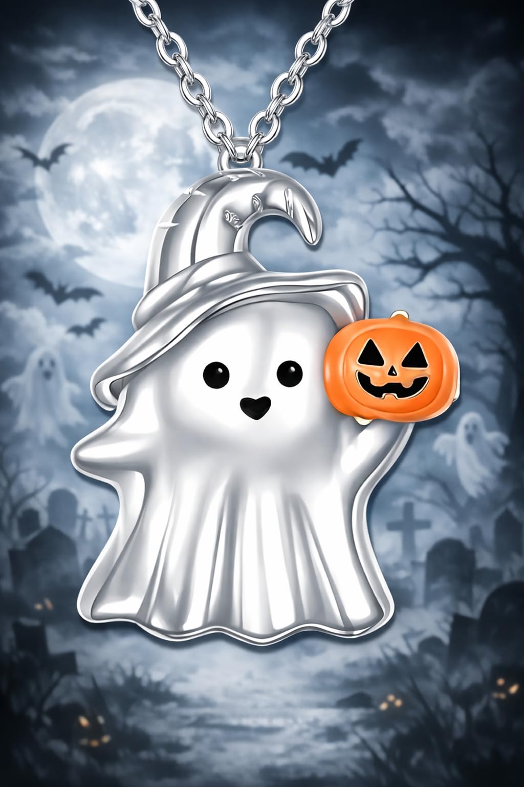 Cute Spooky Ghost Pumpkin Charm Necklace, Halloween or Year-Round Wear