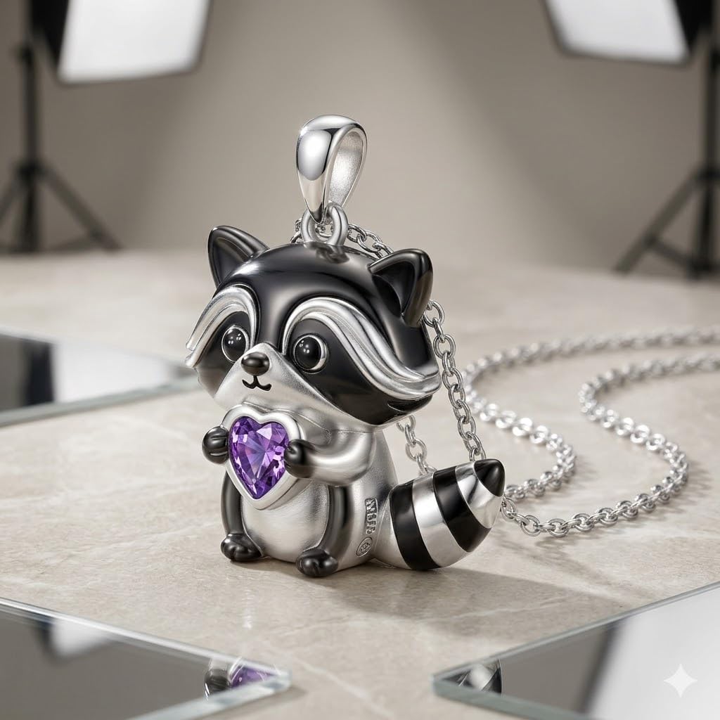 SUPAC Smiling Raccoon Necklace, Holding a Blue Heart, Silver and Black - Racoon Jewerly Gift