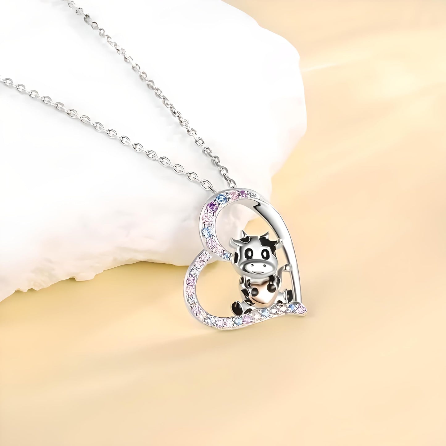 Blue Heart Shaped Mother and her Calf Cow Pendant Necklace for Women - Mother's Day Gift, Christmas, or Birthday Gift