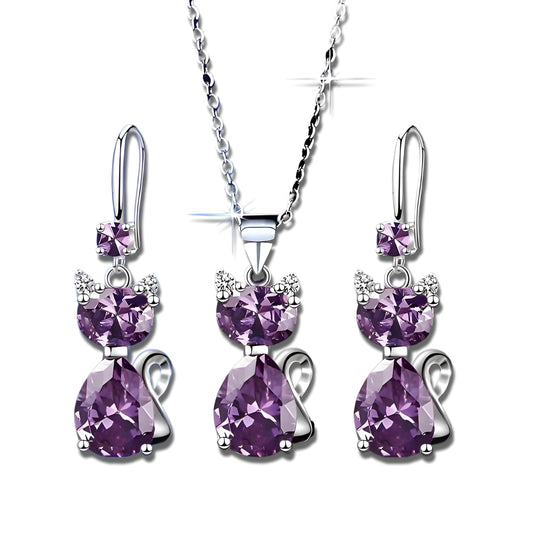 SUPAC Pink and Purple Cat Jewelry Set, Rose Gold Plated Crystal Necklace Earrings Ring, Gift for Cat Enthusiasts (Purple 3PCS)