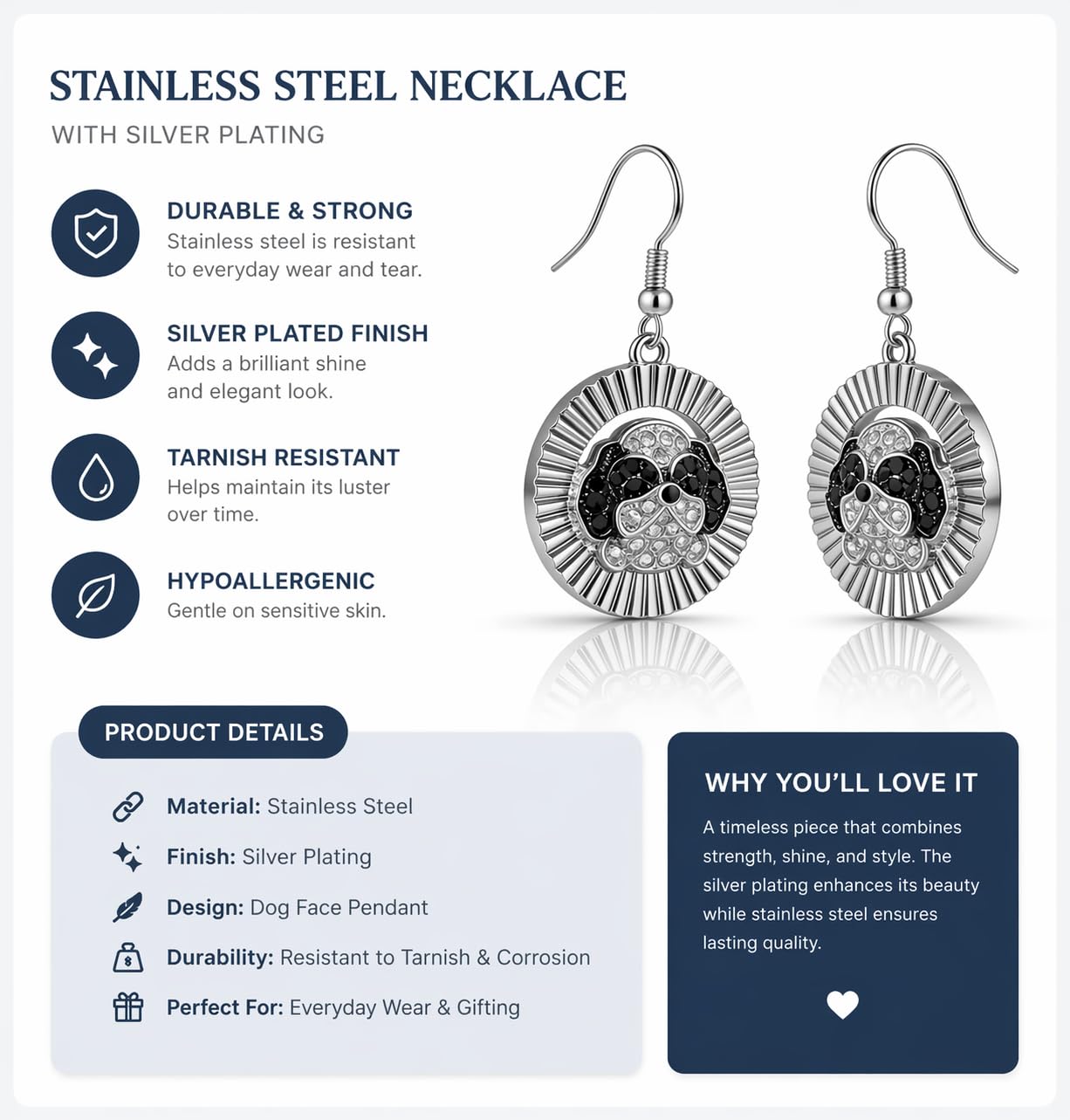 Shih Tzu Drop Earrings, Silver Plated Stainless Steel, Dog Face Pendant, Hypoallergenic, Tarnish Resistant, 0.98 in