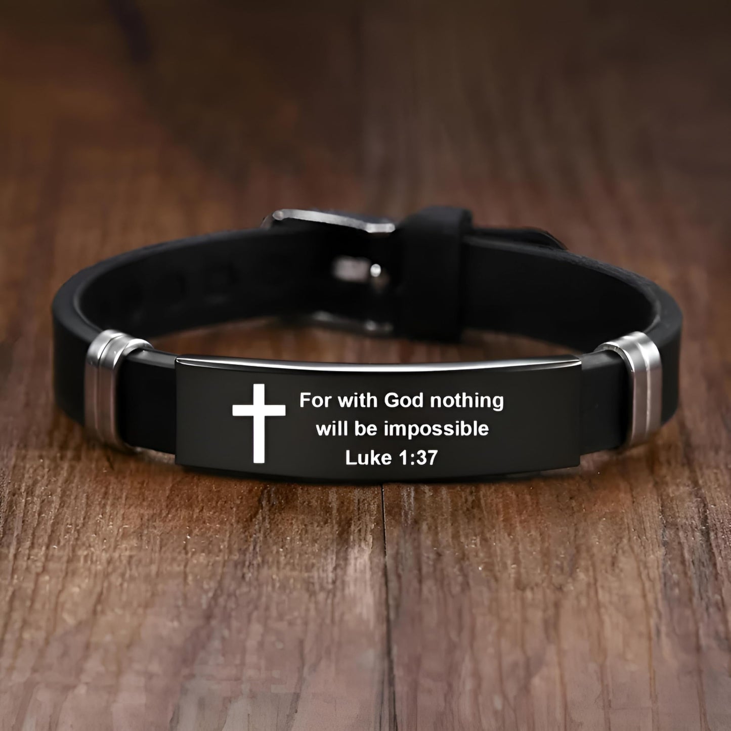 Christian Cross Bracelet with Proverbs 3:5, Phillipians 4:13, Matthew 19:26, Isaiah 41:10, Luke 1:37, Matthew 28:20 Scripture, Black Silicone Adjustable Watch Band, 9.05 inch Length