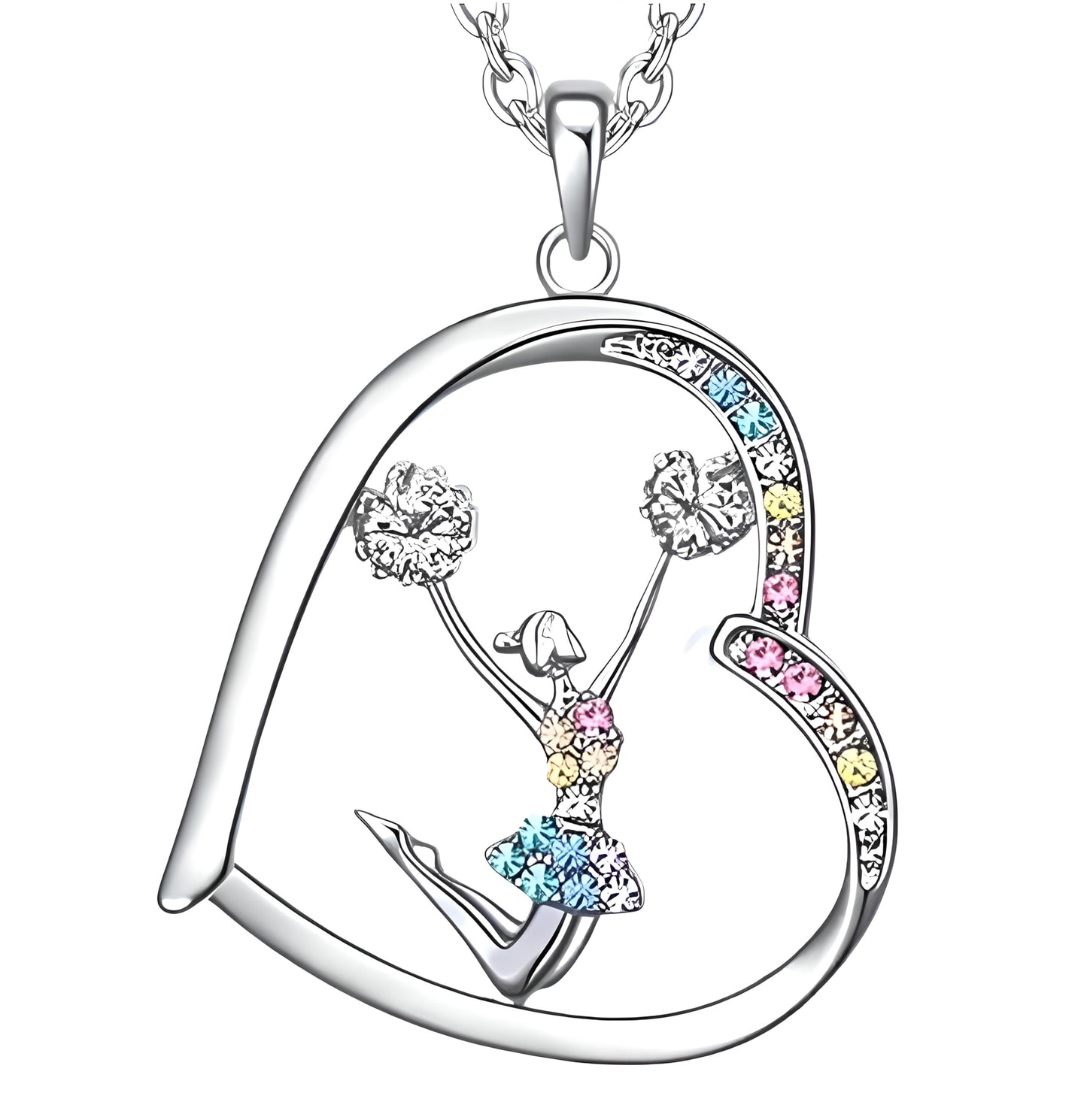 Sports Heart Necklace, 9 Different Sport Options: Basketball, Jumping Cheerleader, Gymnast, Softball, Volleyball, Ballet Ballerina, Runner, Sports Accessories Birthday Gift- Simulated Rainbow Diamonds, Christmas, Birthday or Party Gift