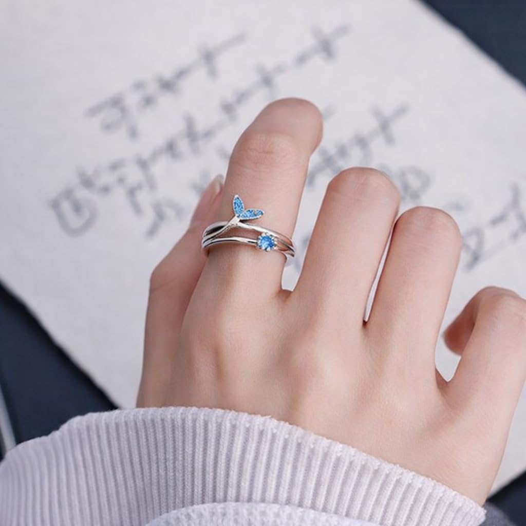 SUPAC Stainless Steel Ocean Whale Tail Ring with Blue Marble Effect, Inner Diameter 0.66 inch