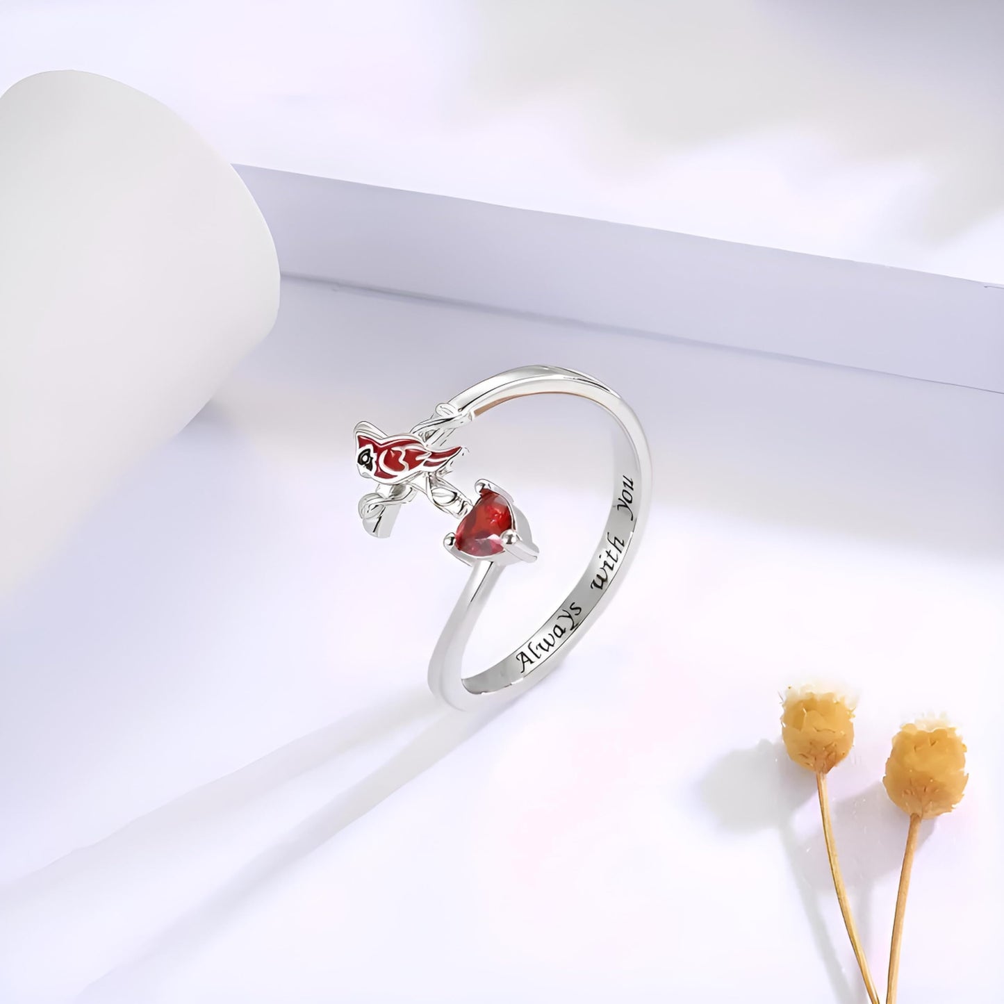 SUPAC Red Cardinal Cross Ring, Silver-Plated 'I Am Always with You' Inspirational Message, Adjustable - Christmas, Party, or Birthday Gift