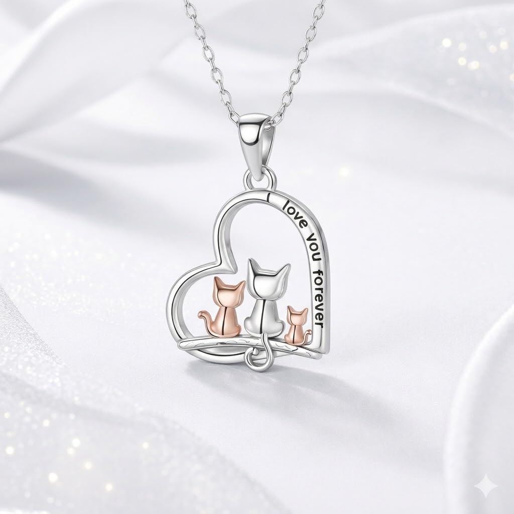 SUPAC Cute Cat Heart Necklace, Sitting Together - Charming Heart Necklace in Rose Gold - Stylish Versatile Gift for Women & Party Accessory! (3 CATS)