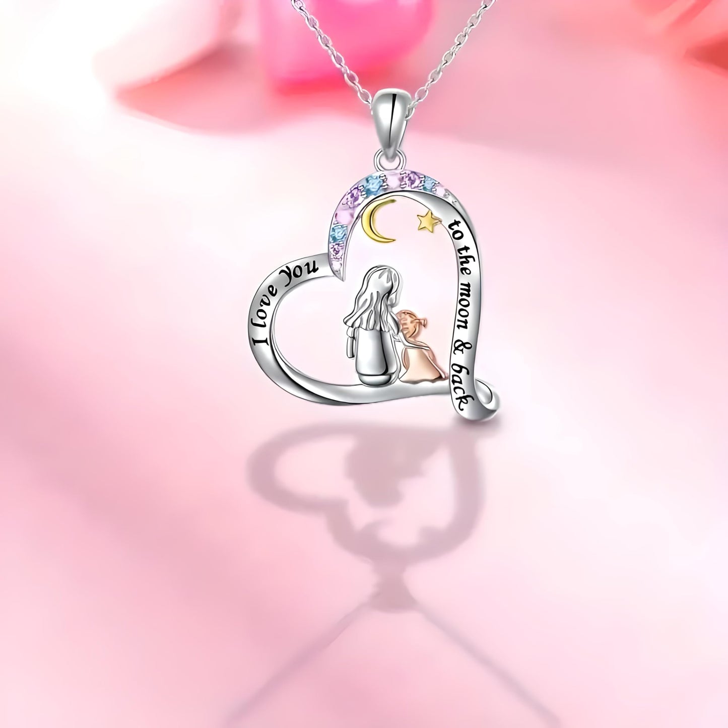 Heart-Shaped Mother's Day Necklace, Family + Mother Necklace Options with Crystal Accents, Mother and Daughter Pendant Gift, Silver and Gold-Tone, 'I Love You Always & Forever' Message (Colorful)