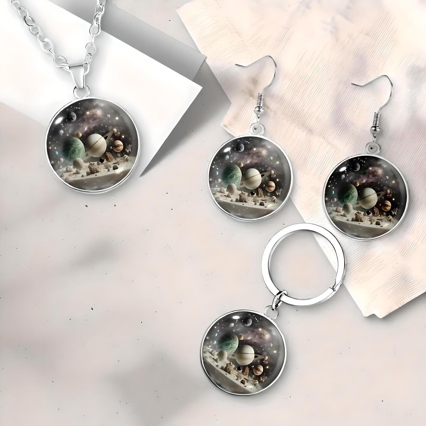 Galaxy Space Jewelry Set, Solar System Pendant Necklace with Earrings and Keychain - Solar System Jewelry Gift