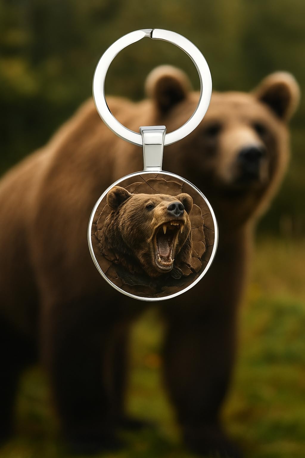 SUPAC 1pc Unique Bear With Forest Background Shaped Metal Keychain - Fashionable Circular Animal Keyring for Men and Friends