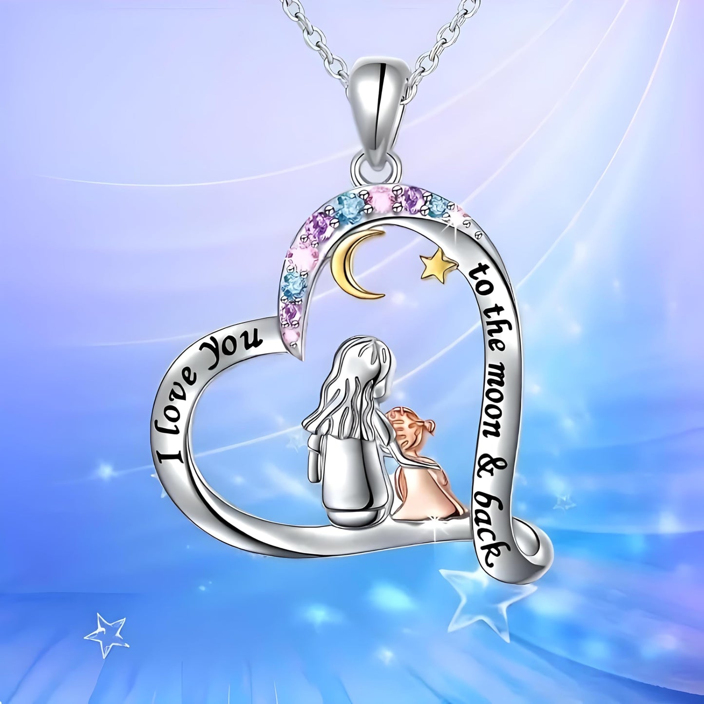 Heart-Shaped Mother's Day Necklace, Family + Mother Necklace Options with Crystal Accents, Mother and Daughter Pendant Gift, Silver and Gold-Tone, 'I Love You Always & Forever' Message (Colorful)
