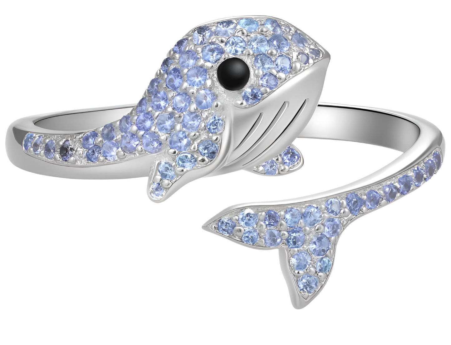 SUPAC Stainless Steel Whale Ring with Blue Crystal Stones, Open Adjustable Band, 1.5cm Size, Marine Animal Design