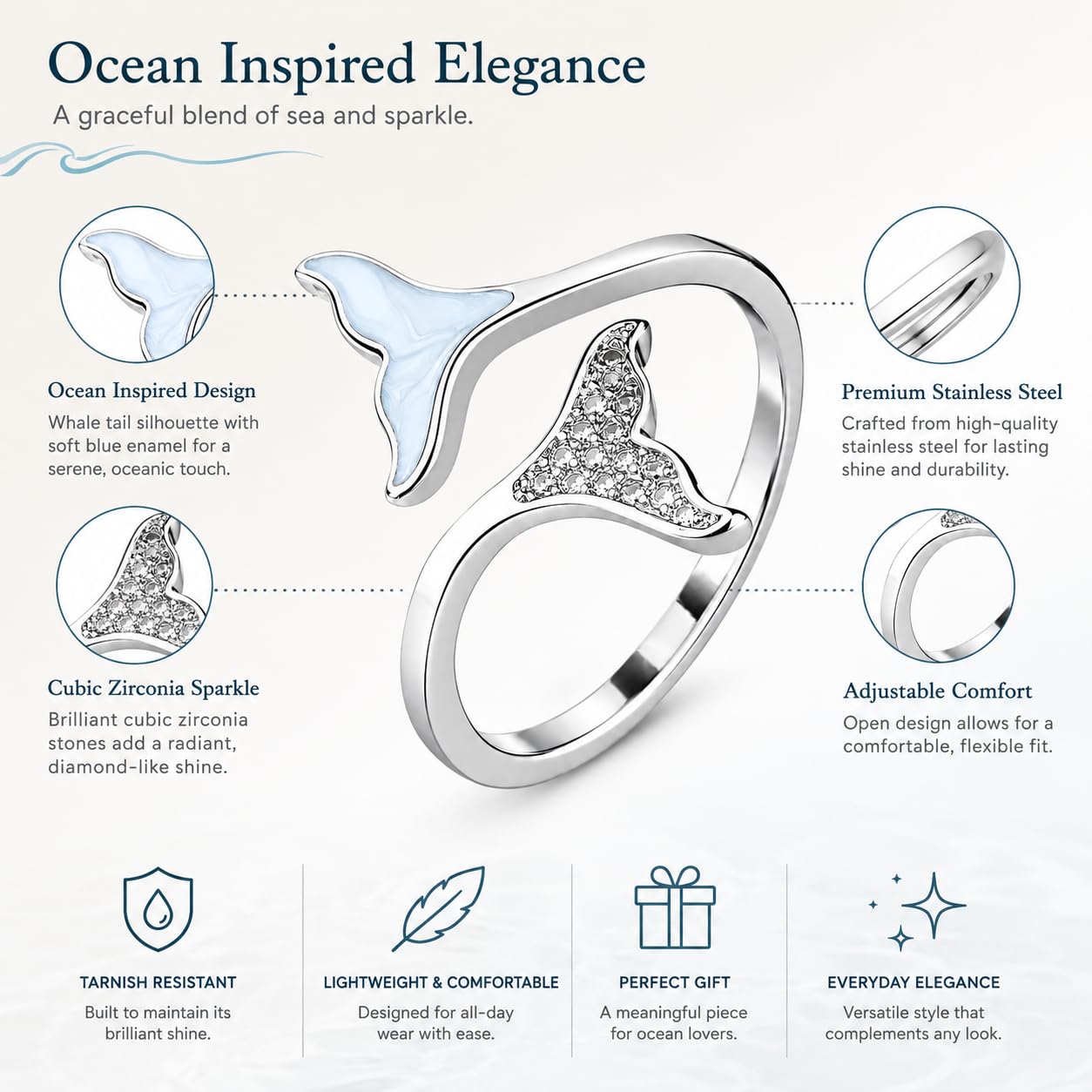SUPAC Sterling Silver Whale Tail Ring with Crystal Accents, Adjustable Open Design - Gift for Whale Lovers