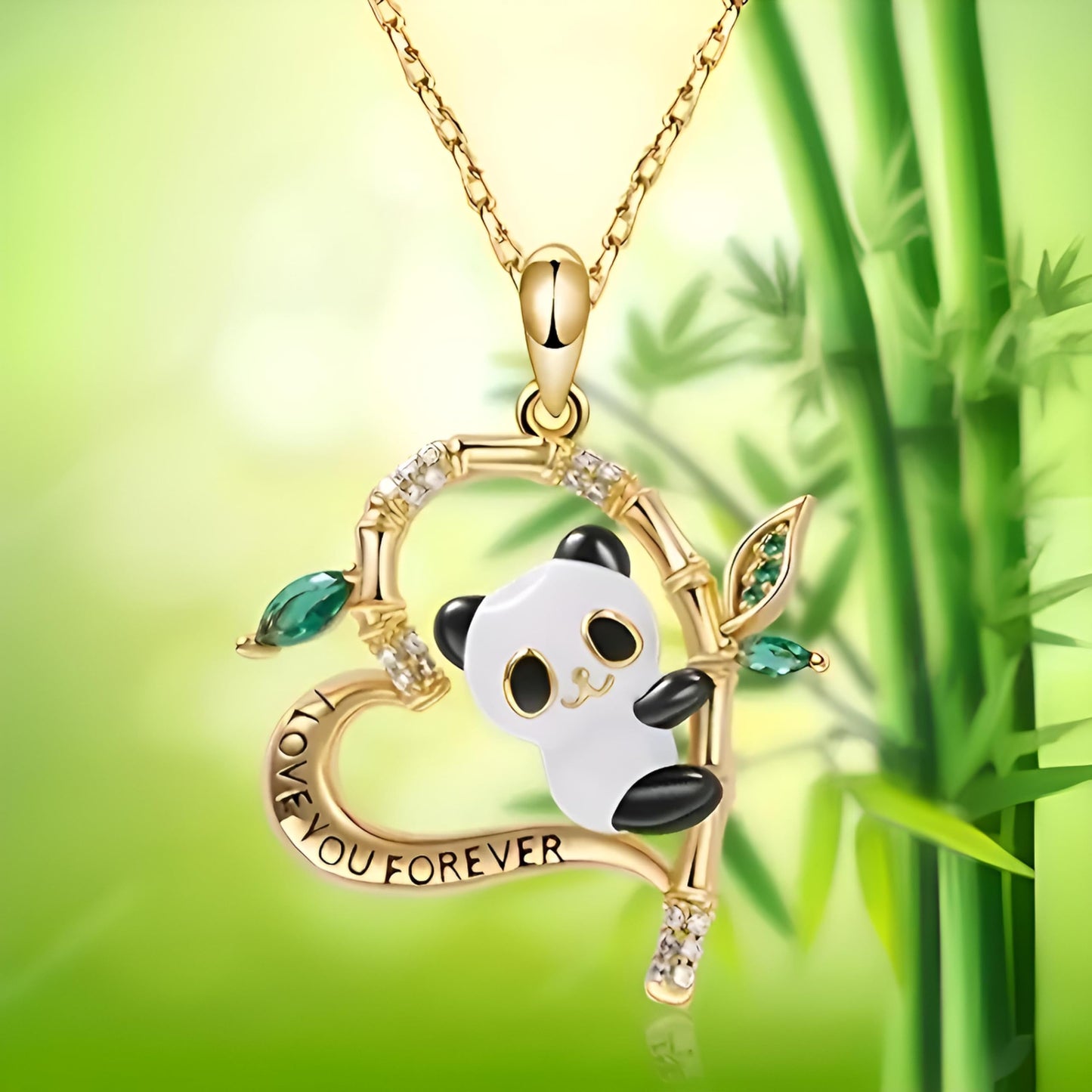 SUPAC Love You Forever Gold Panda Heart Necklace, 19.68 Inch Chain, Crystal Bamboo Leaves Design with Green Gemstones, Romantic Gift Jewelry