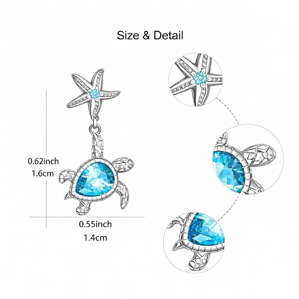 Pair of Cute Starfish and Turtle Stud Earrings - Stainless Steel Ear Needles, Man Made Rock Mosaic, Plated White K Finish, Alloy Construction