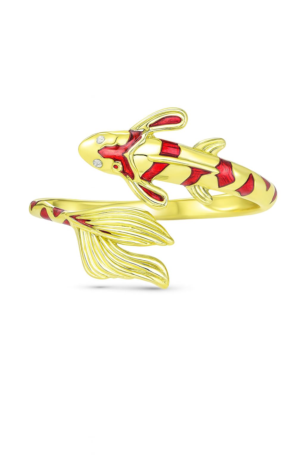 Stainless Steel Koi Fish Ring and Earrings Set with Red Enamel, Japanese Style - Koi Fish Jewelry Gift