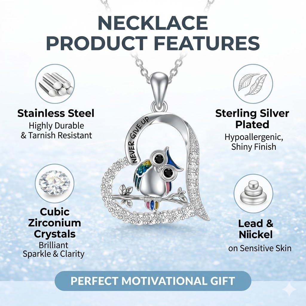 SUPAC Never Give Up Stainless Steel Owl Pendant Necklace, Crystal Rhinestone Crescent Design, 17.91 inch Chain Length, Inspirational Jewelry