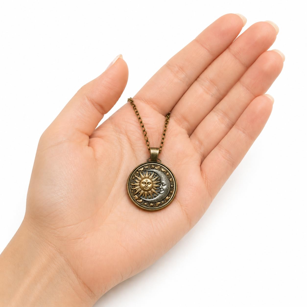 1pc Stunning Round Pendant Necklace - Unique Sun & Moon Pattern, Oil Painting Style Glass Mosaic, Alloy Construction, Trendy Sweater Chain, Fashionable Gift for Women - Christmas or Birthday Gift