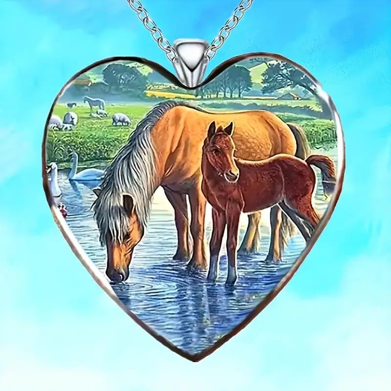 SUPAC Heart-Shaped Horse Drinking Water with Beautiful Country Landscape Necklace, Sterling Silver Chain - Holiday, Christmas, or Birthday Gift