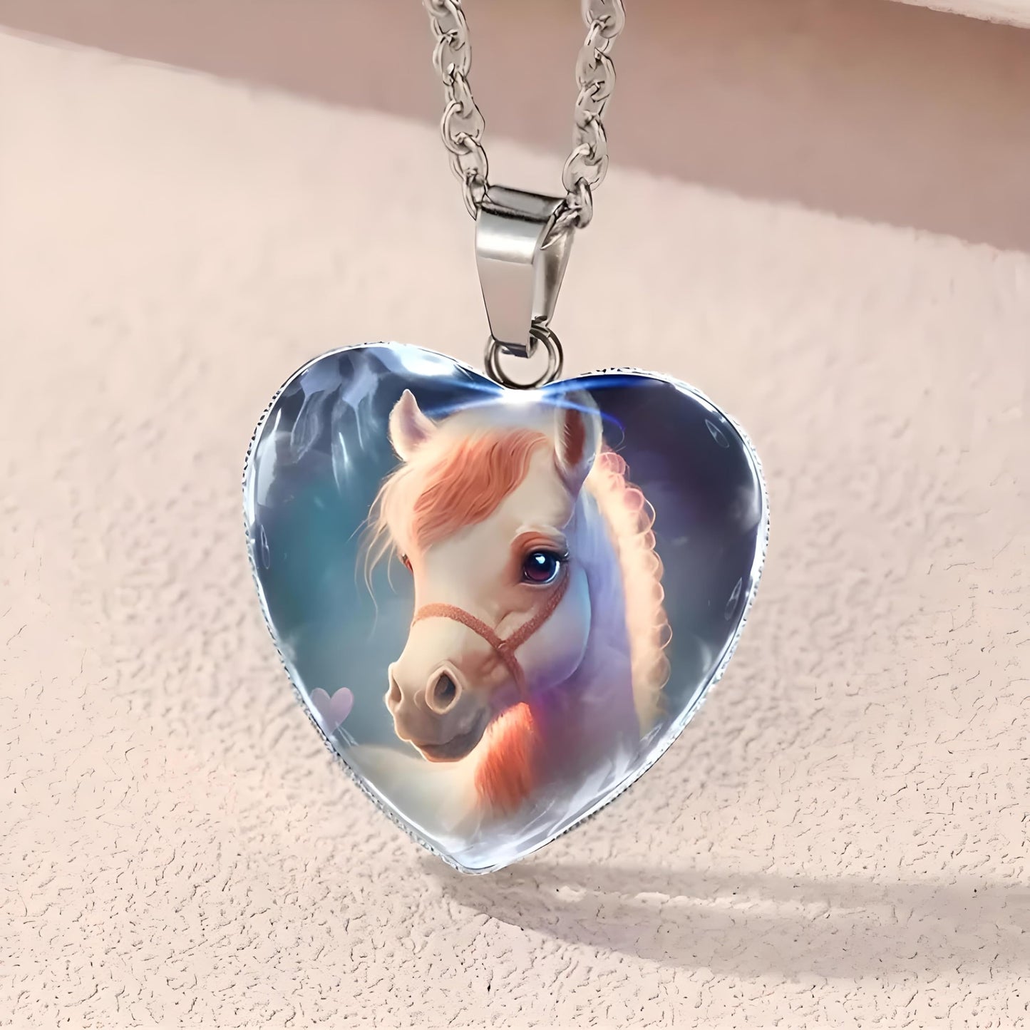 Heart-Shaped Pony Necklace, Cute Animal Glass Pendant with Stainless Steel Chain- Christmas, Holiday, or Birthday Gift