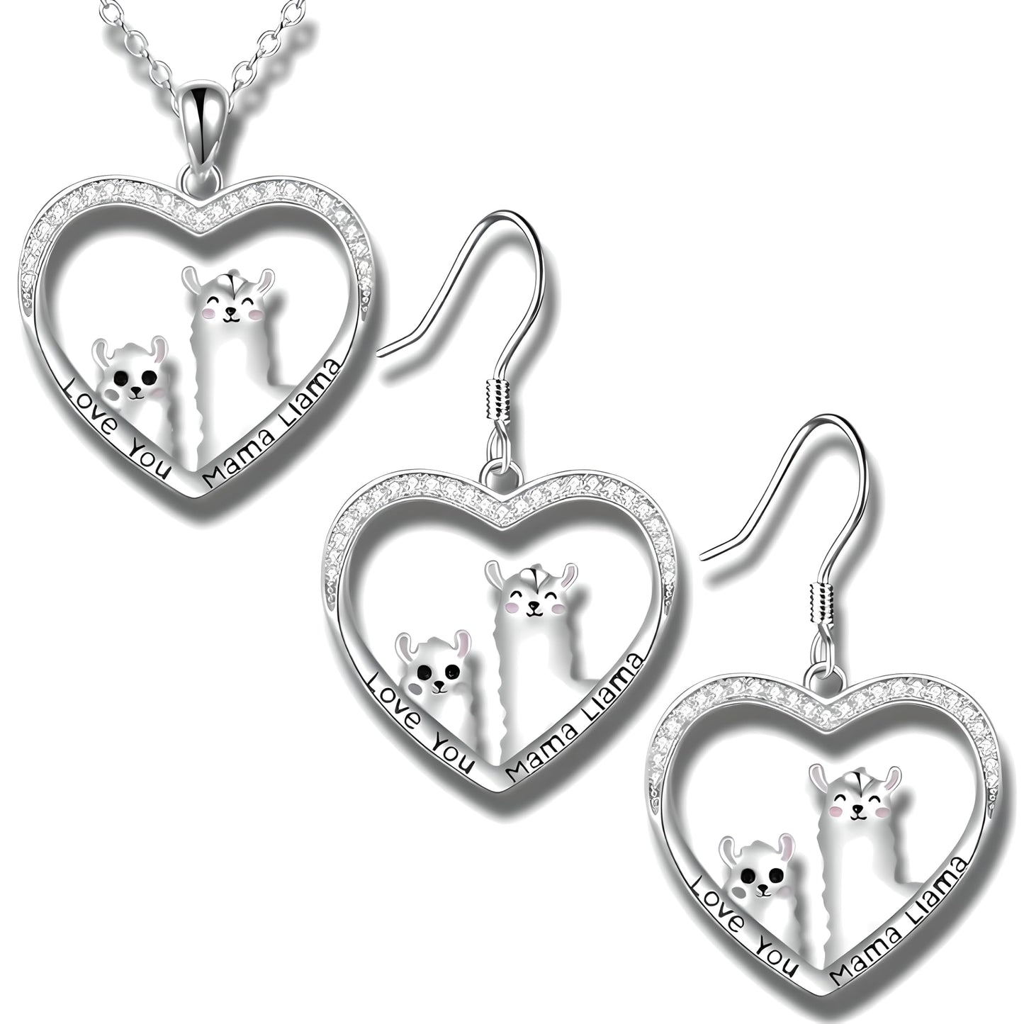 Heart-Shaped Llama Jewelry Set, Sterling Silver Necklace and Earrings, Crystal Rhinestone - Llama Gift