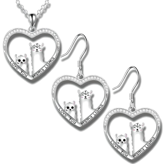 Heart-Shaped Llama Jewelry Set, Sterling Silver Necklace and Earrings, Crystal Rhinestone - Llama Gift