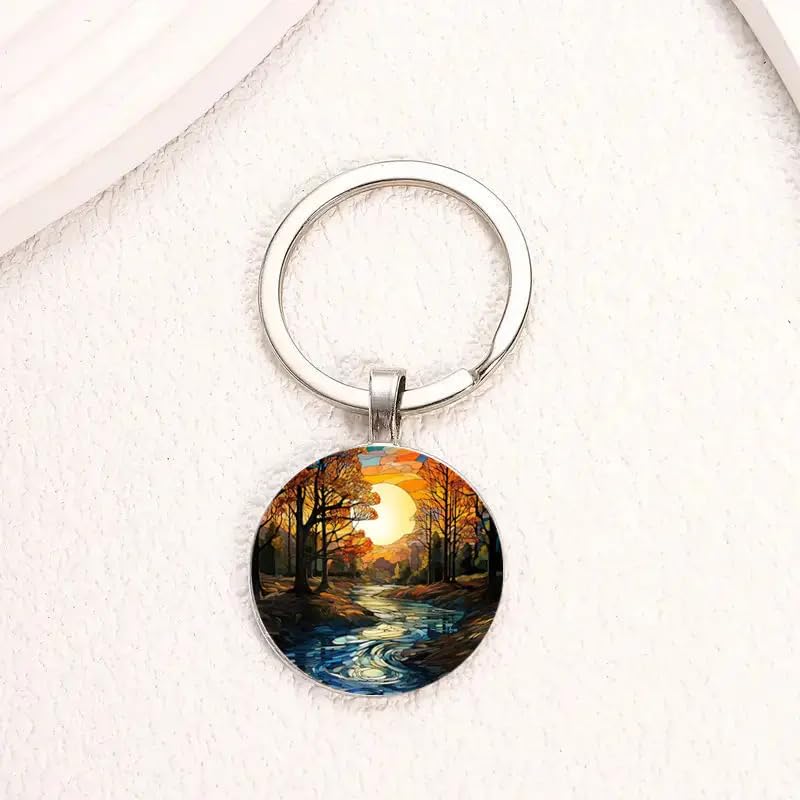Mountain Sunset Stained Glass Art Keychain, Nature Scene Design, Round Pendant (Autumn Forest)