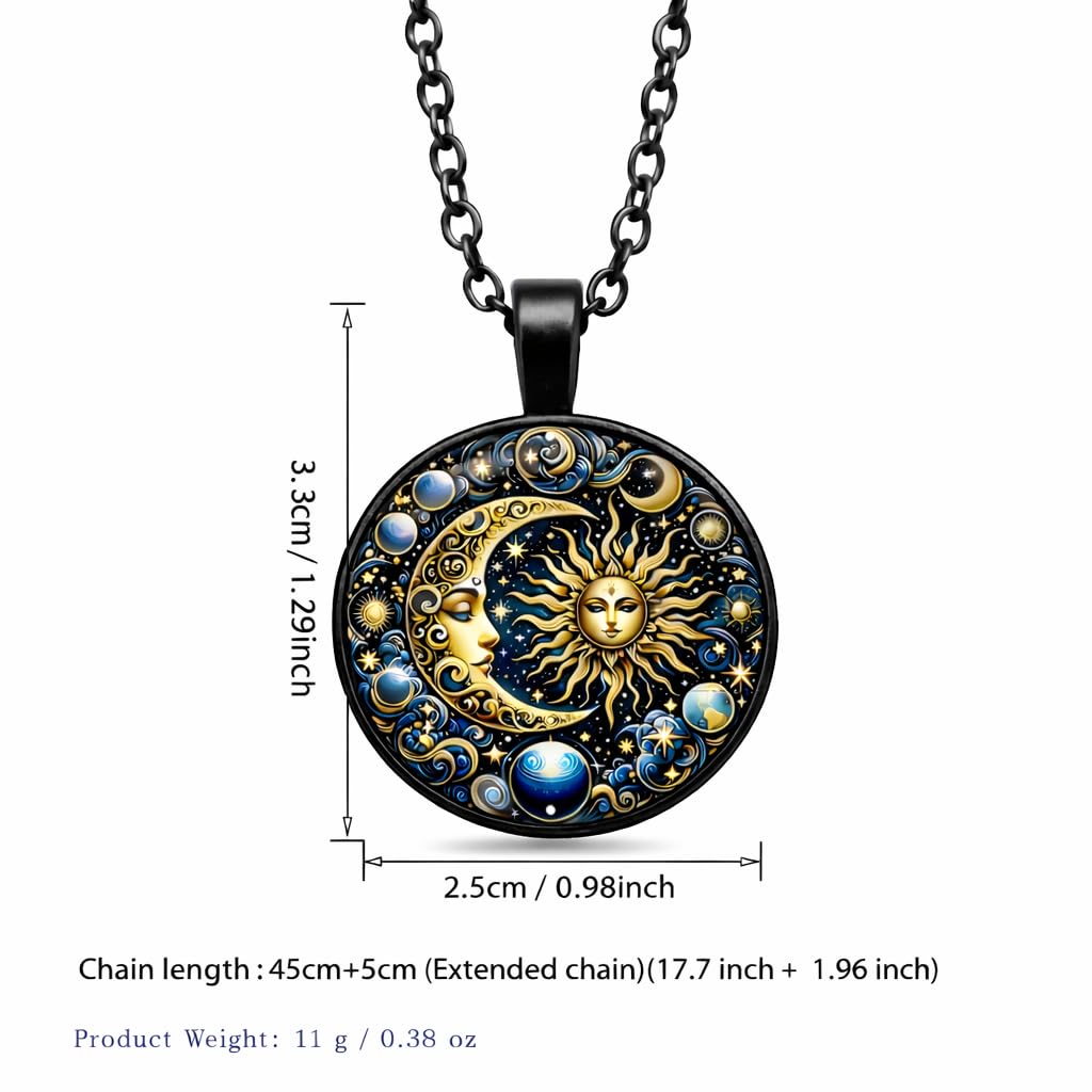 Celestial Sun and Moon Pendant Necklace, Mystical Galaxy Design, Black and Gold, 45cm Chain with 5cm Extension, 2.5cm Round Medallion