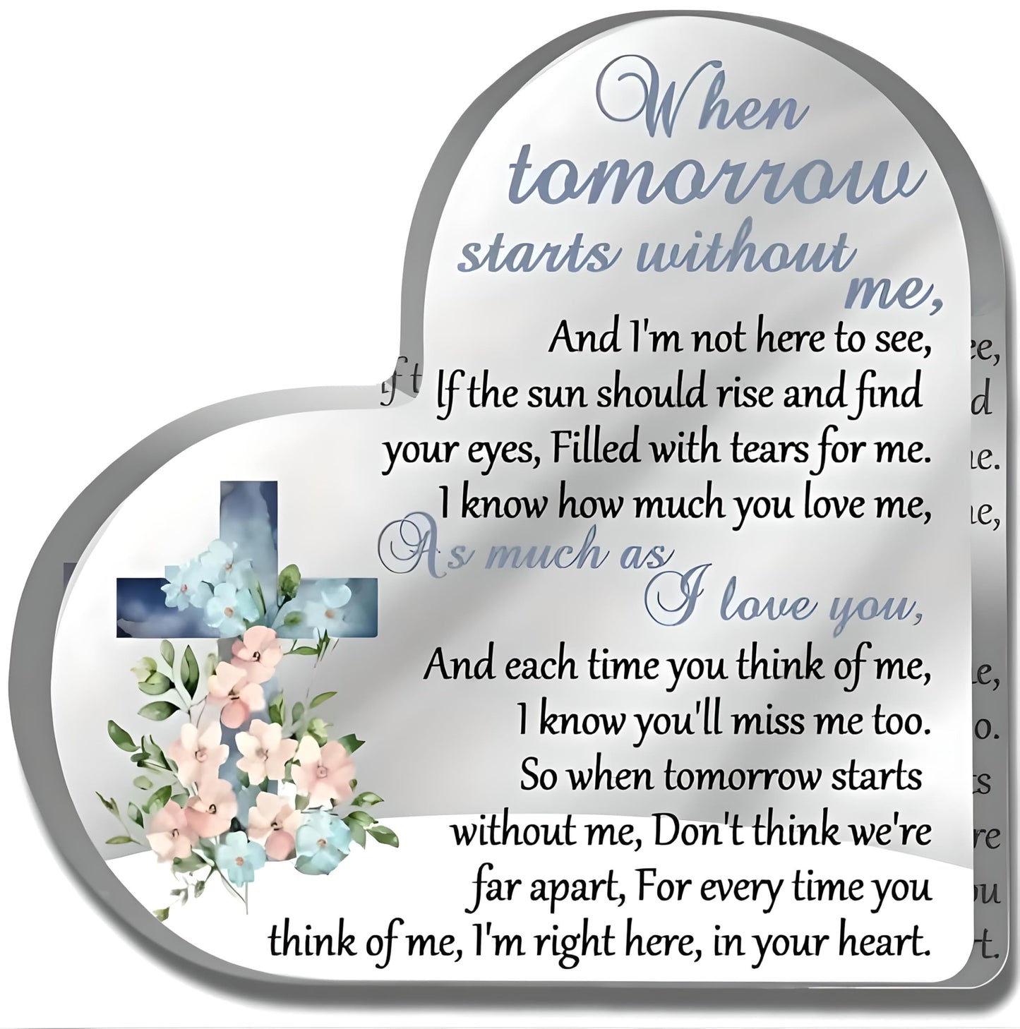 Heartfelt Christian Memorial Plaque – Elegant Glass Heart with Cross and Condolence Quote for Honoring Loved Ones