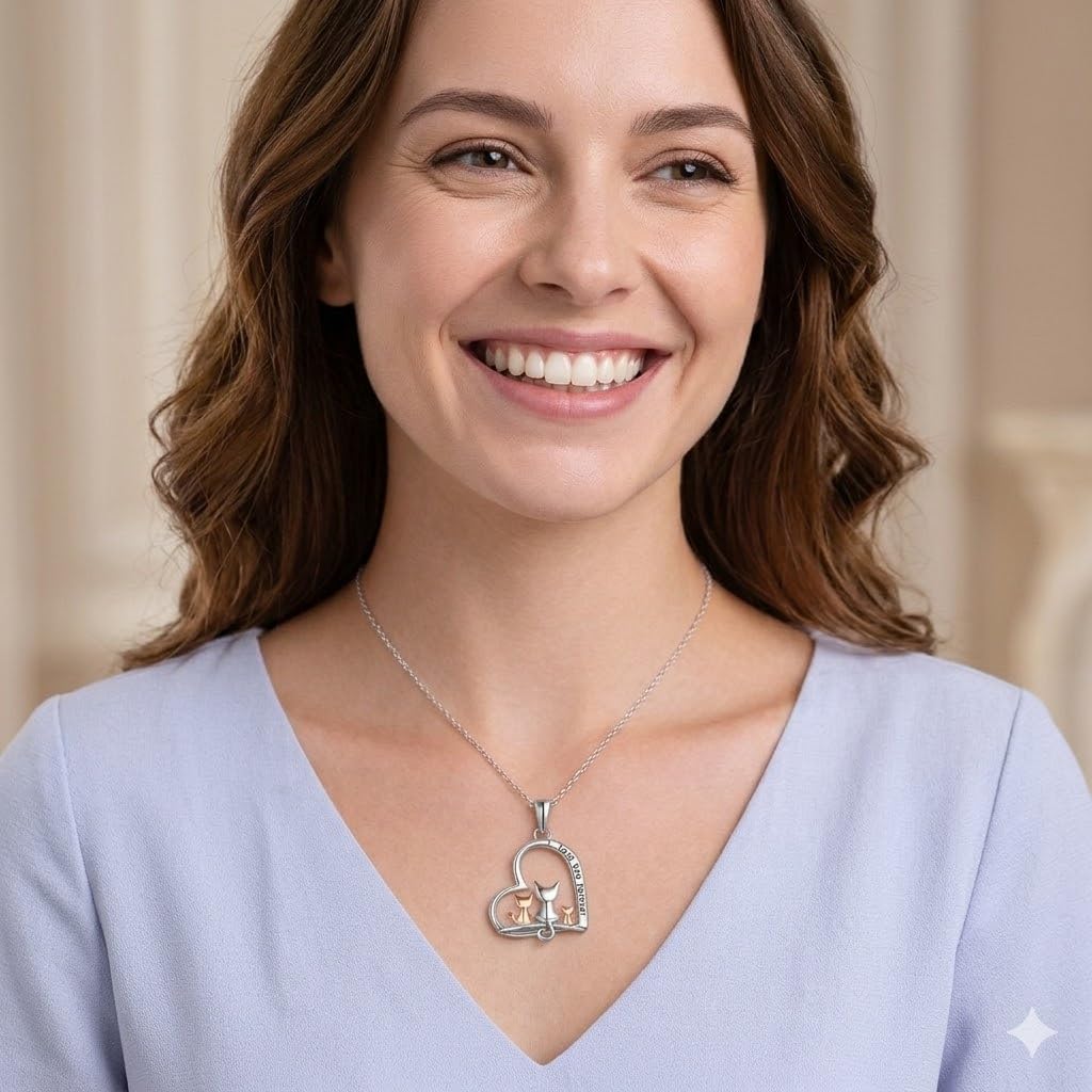 SUPAC Cute Cat Heart Necklace, Sitting Together - Charming Heart Necklace in Rose Gold - Stylish Versatile Gift for Women & Party Accessory! (3 CATS)