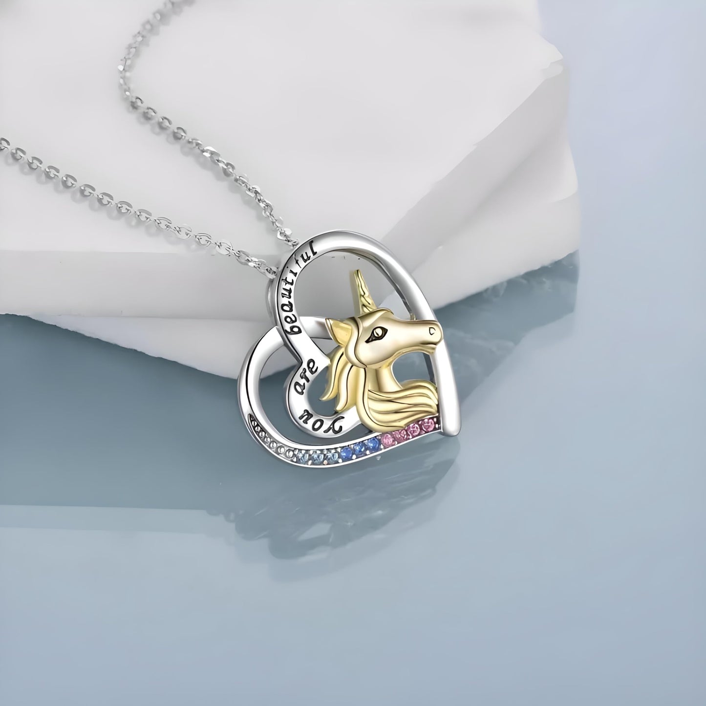 SUPAC Gold Unicorn Festive Heart-Shaped Necklace- 'you are beautiful' Charming Gift for Unicorn Lovers