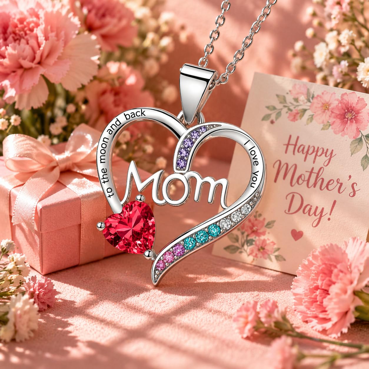 SUPAC Heart Mom Necklace, Sterling Silver Crystal Pendant with Pink Heart Stone, I Love You to the Moon and Back - Mother's Day Gift