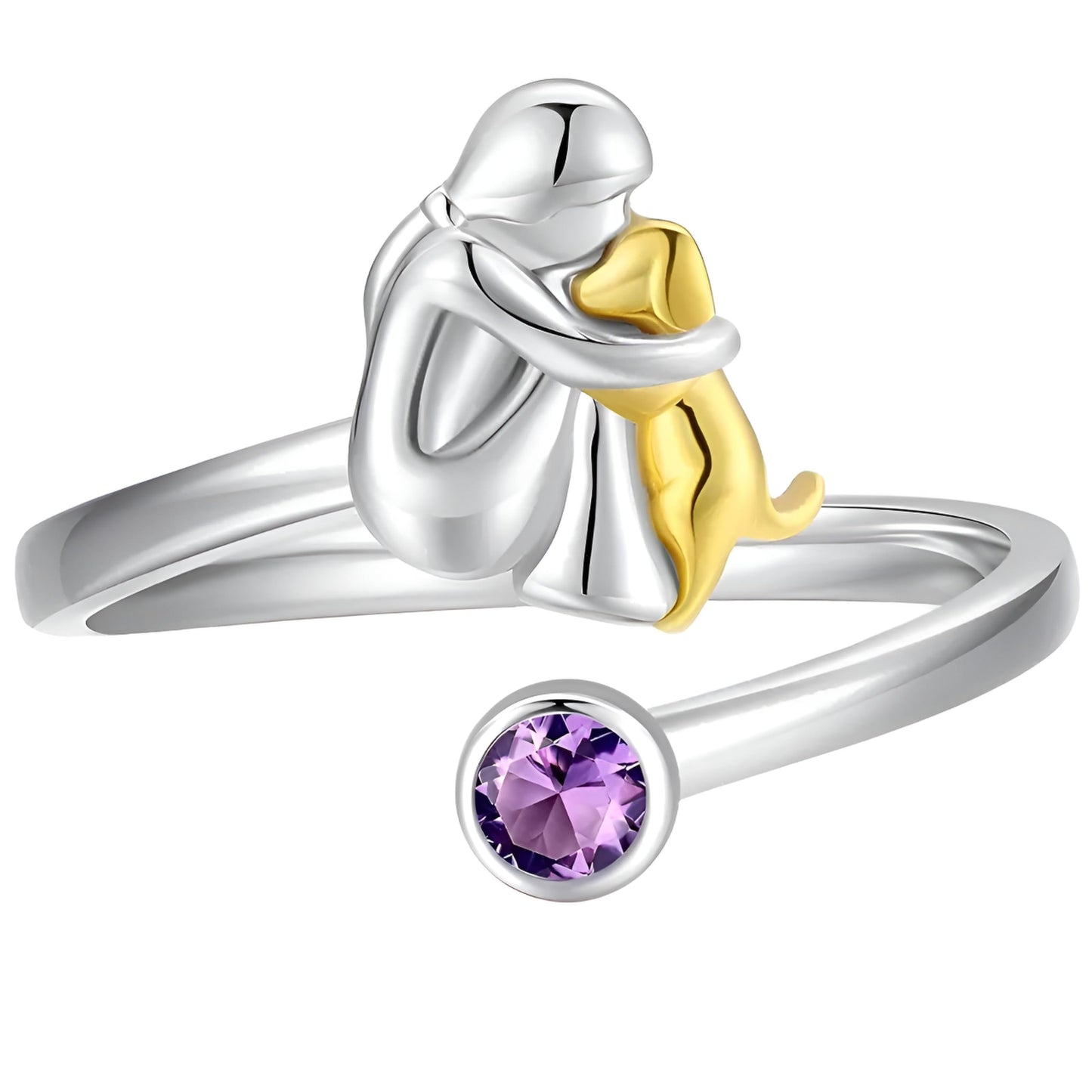 SUPAC Stainless Steel Dog and Human Adjustable Ring with Birthstone Crystal, Two-Tone Gold and Silver, 0.83 Inch (Purple)
