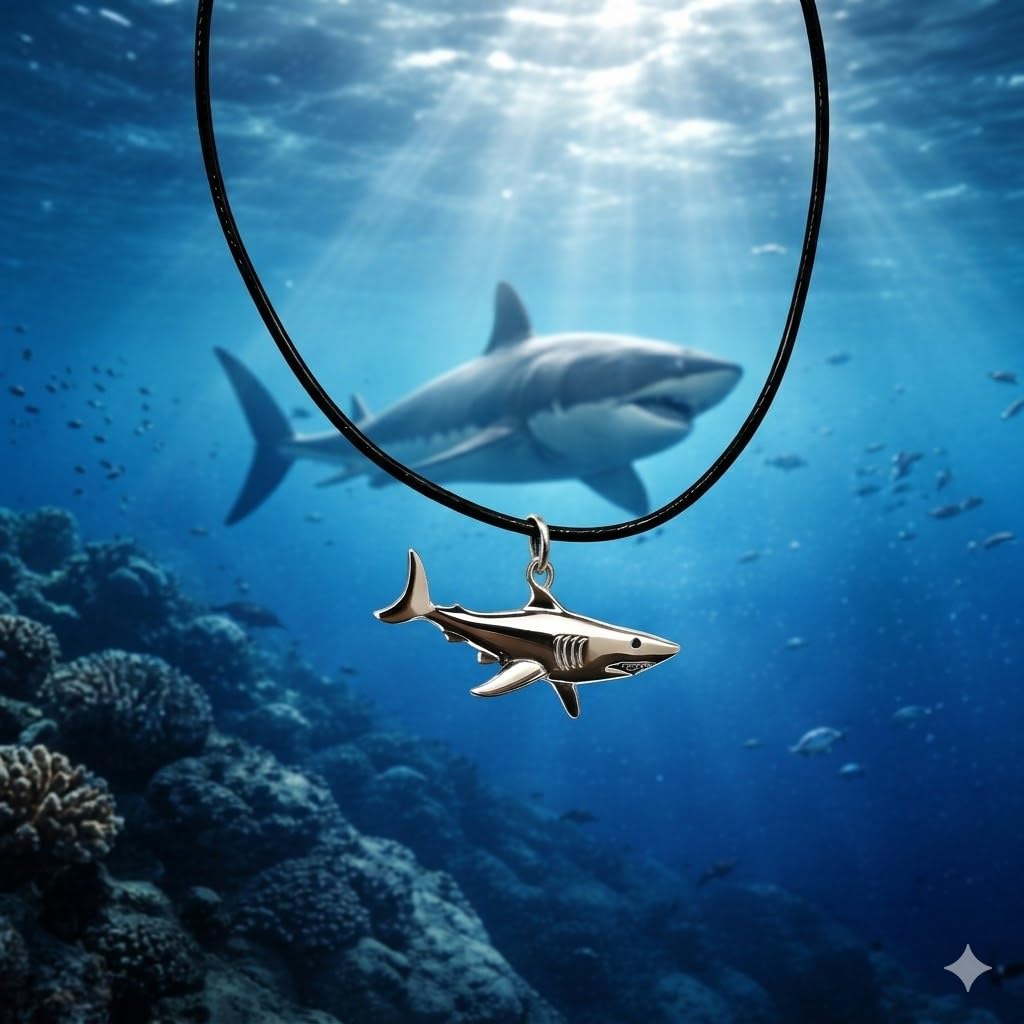 SUPAC Silver Shark Pendant Necklace, Black Cord, 17.7 inch Chain with 1.9 inch Extender