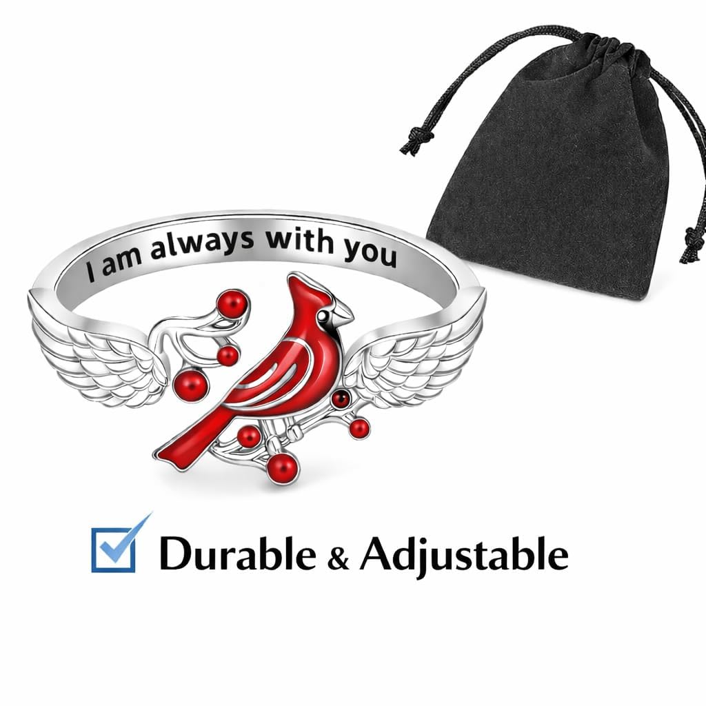 SUPAC Red Cardinal Cross Ring, Silver-Plated 'I Am Always with You' Inspirational Message, Adjustable - Christmas, Party, or Birthday Gift