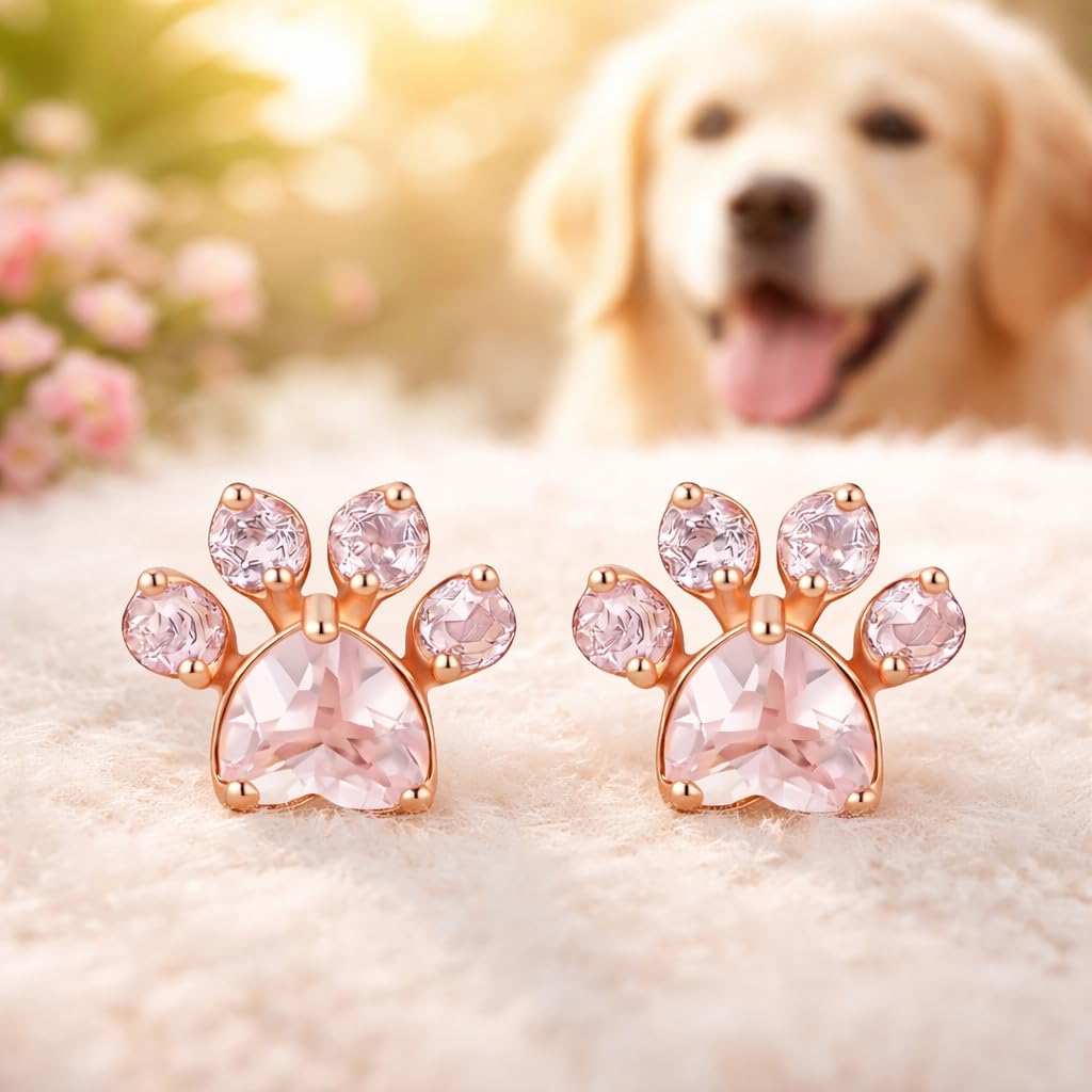 Rose Gold Cat Stud Earrings, Dog Paw Earrings, Pink Glass Crystal, Rhinestone Accents, 0.63 x 0.35 inches - Cat Earrings Gift