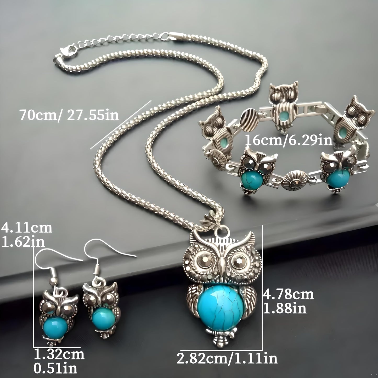 Vintage Owl Jewelry Set with Turquoise Stones, Silver-Tone Necklace, Bracelet and Earrings, 27.5 inch Chain