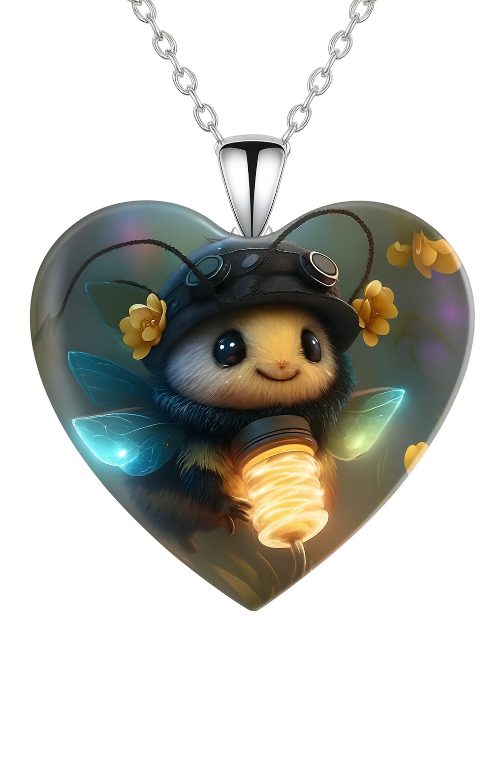 Heart-Shaped Pendant Necklace with Different Animals - Panda, Horse, Deer, Cat, Elephant, Dog Scenic Views, Stainless Steel Necklace with Glass Pendant - Christmas, Holiday, or Birthday Gift (Wasp)