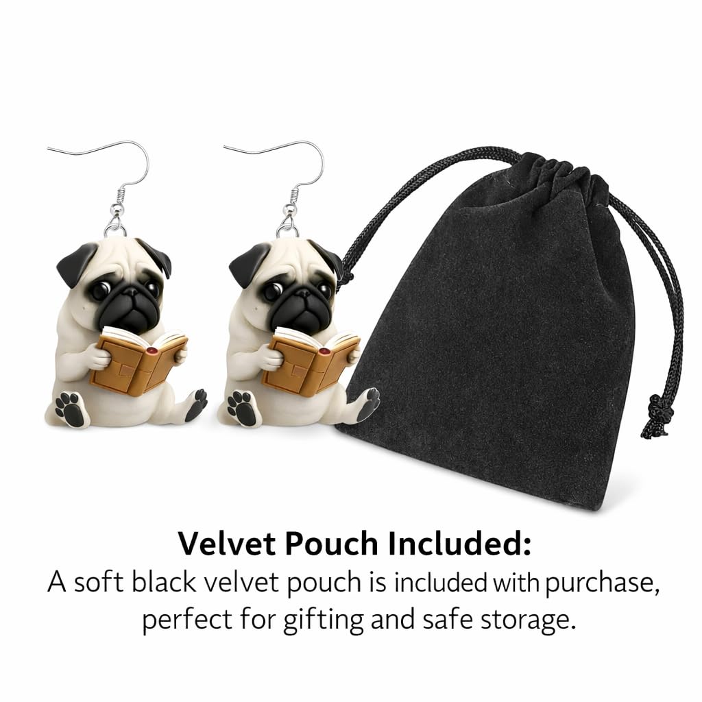 Cute Reading Pug Dangle Earrings, 2D Flat Acrylic, 1.2 inch - Dog Lovers' Gift