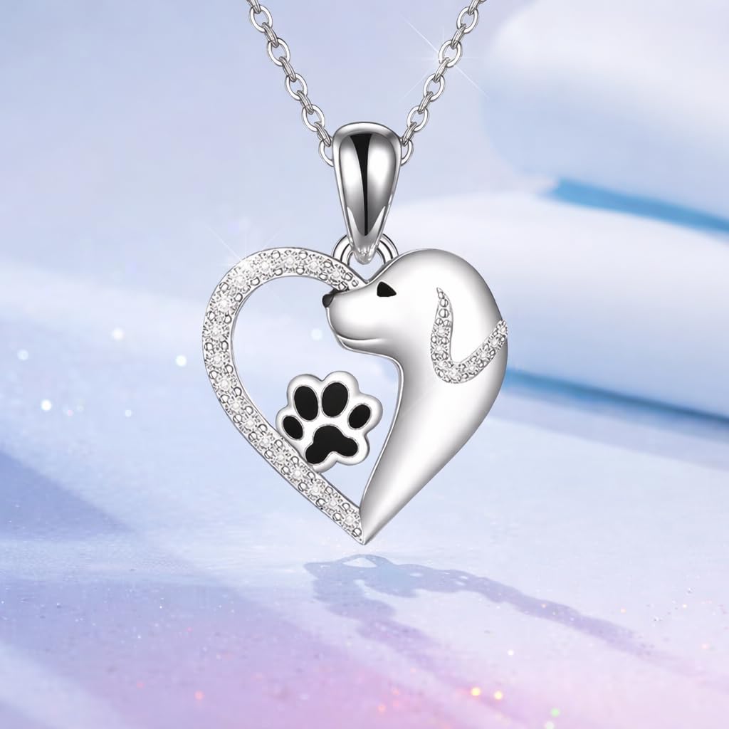 SUPAC Dog Breeds Necklace, German Shepherd, Labrador Retriever, Heart Pendant Necklace, Black and Gold, Crystal Paw Print Design, Dog Lovers Gift