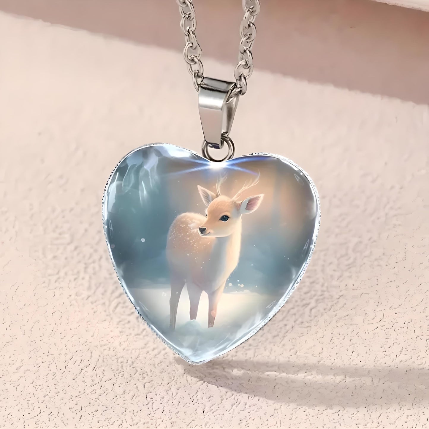 Heart-Shaped Pendant Necklace with Different Animals - Panda, Horse, Deer, Cat, Elephant, Dog Scenic Views, Stainless Steel Necklace with Glass Pendant, 'I Love you Today, Tomorrow, Always' Engraved - Christmas, Holiday, or Birthday Gift (Deer)