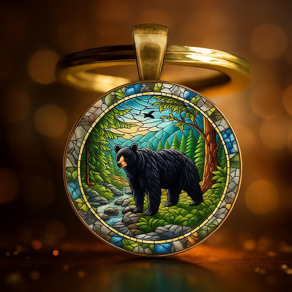 SUPAC 1pc Unique Bear With Forest Background Shaped Metal Keychain - Fashionable Circular Animal Keyring for Men and Friends