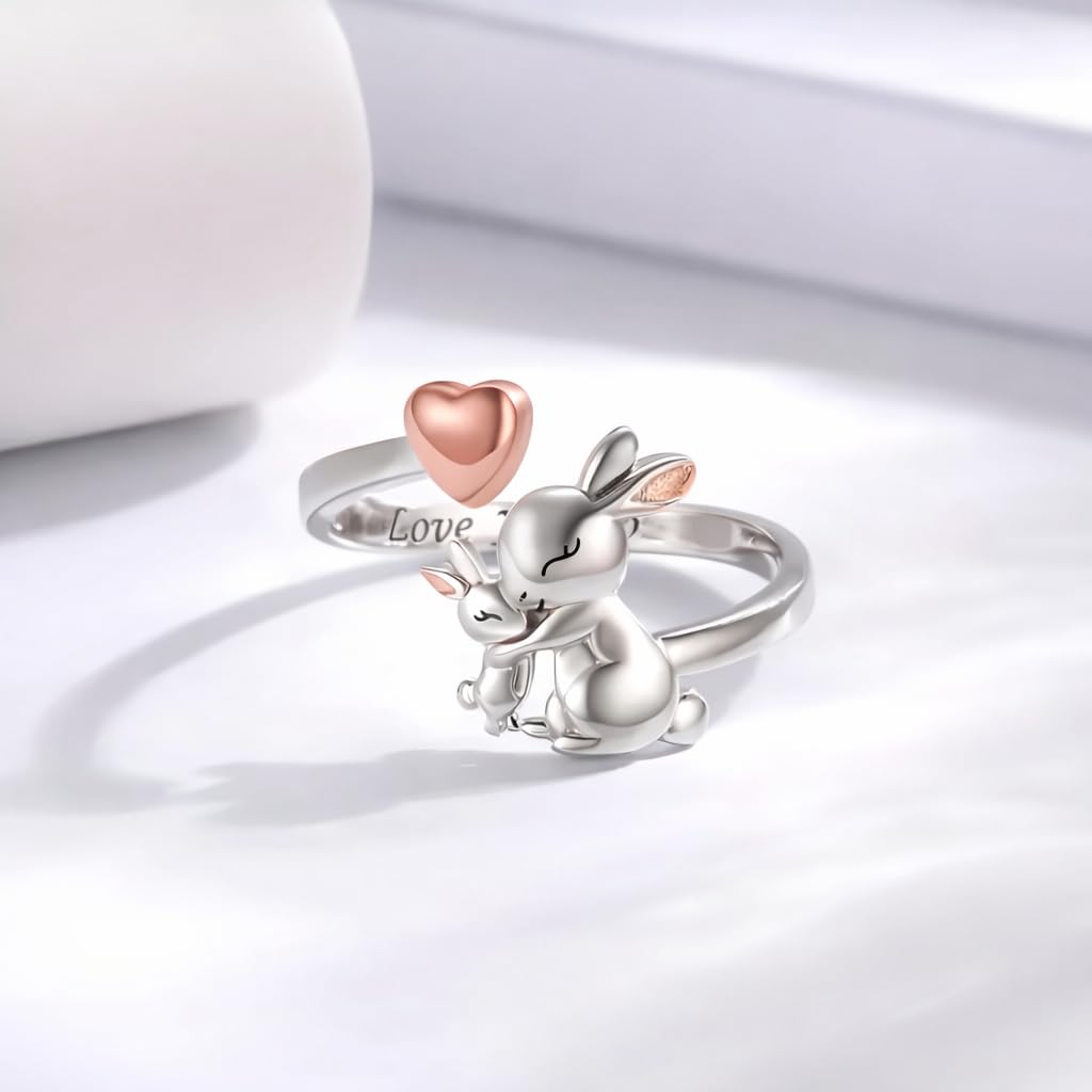 Silver Mom Daughter Adjustable Animal Ring Love Heart Animal Rings Jewelry Mother's Day Gifts for Women Wife Nana 6+ Variaitons (Rabbit)